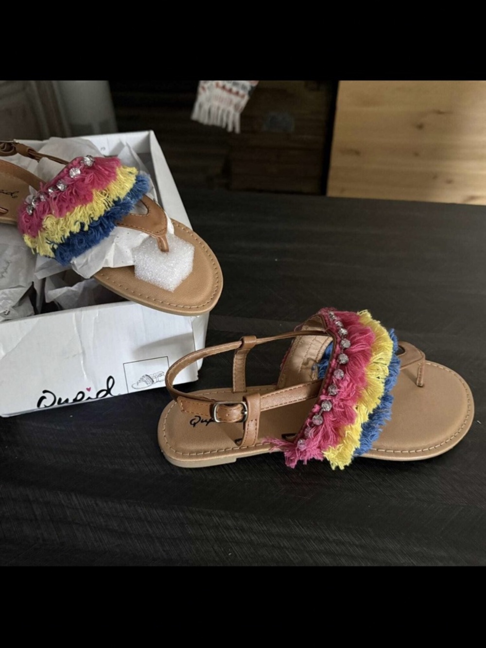 Qupid Tan Sandals with Pink, Yellow & Blue Fringe